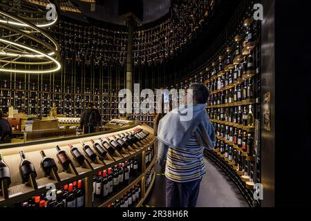 FRANKREICH. GIRONDE (33). BORDEAUX. LA CITE DU VIN IST EIN KULTUR- UND TOURISTENZENTRUM, DAS SICH DEM WEIN WIDMET. IM BRASSERIE-SNACKKELLER GIBT ES EIN SALES AND T Stockfoto