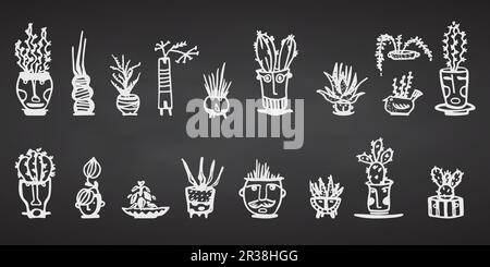 Keramiktöpfe mit Kaktus-Comic-Gesichtern. Weiße Kritzelfiguren mit Emotionen. Pflanzenkeramik. Töpfervasen trendiges Konzept. Handgezeichnet im Cartoon-Stil Stock Vektor