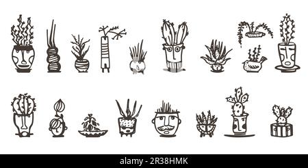 Keramiktöpfe mit Kaktus-Comic-Gesichtern. Schwarze Doodle-Emotionen. Pflanzenkeramik. Töpfervasen trendiges Konzept. Cartoon-Style. Handgezeichnet Stock Vektor