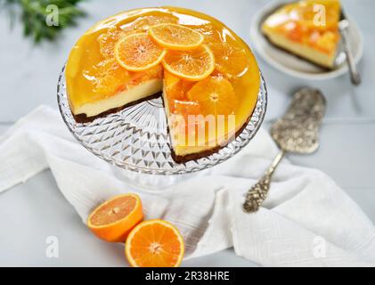 Blut-Orange-Käsekuchen mit Schokoladenbasis, garniert mit Orangenscheiben und Gelee (vegan) Stockfoto