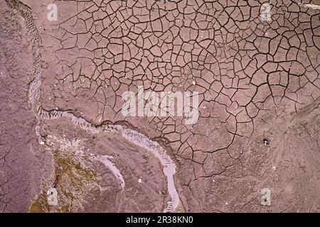 Draufsicht auf gebrochene trockene Erde auf dem Fluss oder Meeresgrund mit einem dünnen kleinen Bach, der noch fließend ist. Dürre und Wasserknappheit. Stockfoto