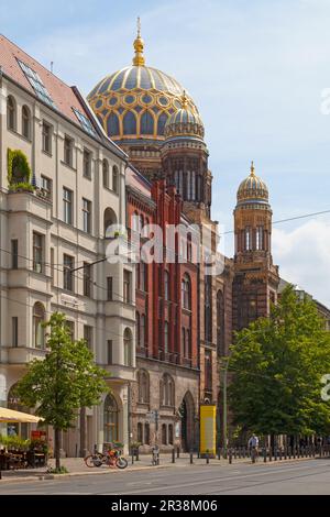 Berlin, Deutschland - Juni 01 2019: Die Neue Synagoge (Neue Synagoge) ist eine restaurierte Synagoge aus dem Jahr 1800er mit einer berühmten vergoldeten Kuppel, die eine Ausstellung darüber beherbergt Stockfoto