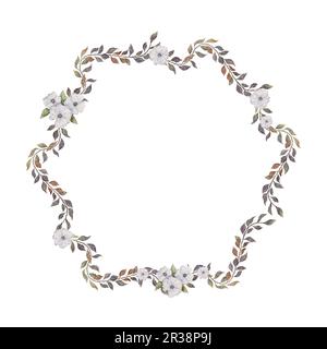 Runder Kranz mit Zweigen mit Blättern und kleinen weißen Blumen. Handgezeichnete Aquarelldarstellung. Text wird in der Mitte platziert. Rahmen für Druck Stockfoto