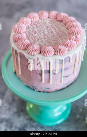 Schokoladenkuchen mit rosa Zuckerglasur Stockfoto