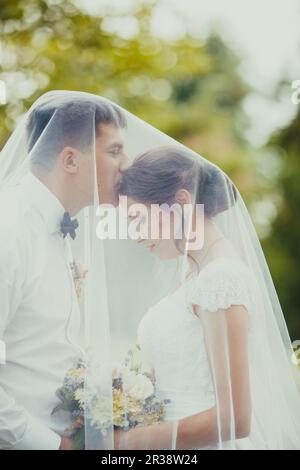 Hochzeit paar im Freien unter dem bradal Schleier Stockfoto