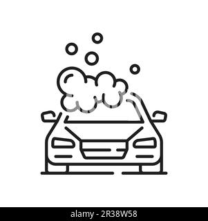 Symbol für Fahrzeugpflege, Übersicht über den isolierten Autowaschanlagendienst. Vektorfahrzeug mit Schaum, saubere, dünne Linie. Autowaschanlage, Transportpflege Stock Vektor