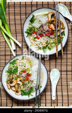 Pho mit Mungbohnenkeimen, Frühlingszwiebeln, Chili, Pilzen und Rindfleisch (Vietnam) Stockfoto