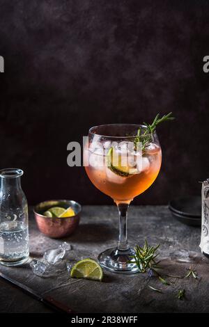 Pink Gin und Tonic Cocktail mit angostura Bitter, Limette und Rosmarin, Tonic Wasser gegossen Stockfoto