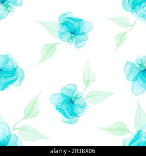 Aquarell zeichnet eine Verbindung von halbtransparenten, klaren blauen Blumen mit Stielen und Blättern auf weißem Hintergrund. Hübsches Bild zur Illustration, Aufkleber Stockfoto