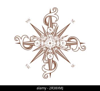 Klassischer Windrosen-Kompass mit mittelalterlichen antiken Bändern und einem alten Navigationsstern. Retro-Seekarte und Kartographiesymbol des Windrosen-Kompasses in Holzschlüpfen, uralte Segelnavigation Stock Vektor