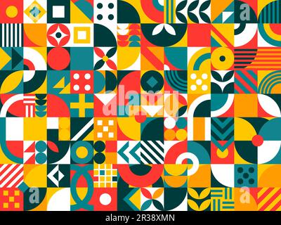 Bauhaus modernes geometrisches Mustergitter, abstrakter Mosaikvektorhintergrund. Skandinavische oder schweizerische Bauhaus-Farbkunst und -Formen mit geometrischem Hintergrund aus Quadrat-, Kreis- und Dreiecksmosaik Stock Vektor