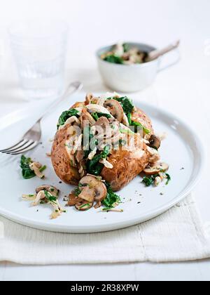 Gebackene Kartoffel mit Huhn, Pilzen und Spinat Stockfoto