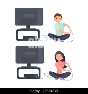 Mädchen und Jungen, die Videospiele-Illustration in Farbe im Cartoon-Stil spielen. Bearbeitbares Vektorgrafikdesign. Stock Vektor