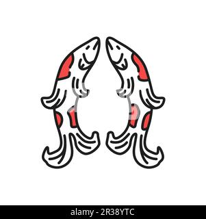 Buddhismus Symbol der Goldfische, buddhistisches und tibetisches esoterisches religiöses Vektorsymbol. Buddhismus acht verlockende Zeichen von goldenen Fischen aus dem Hinduismus und dem Jainismus oder Buddha Ashtamangala heiliges Symbol Stock Vektor