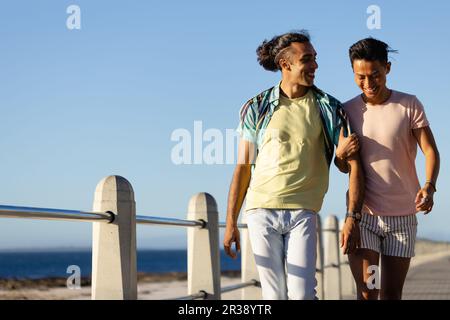 Fröhliches, birassisches, schwules Paar, das Arm in Arm auf der Promenade am Meer läuft, Kopierraum Stockfoto