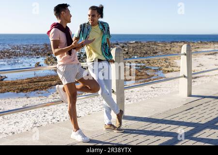 Glückliches, birassisches, schwules Paar, das auf der Promenade am Meer spricht Stockfoto