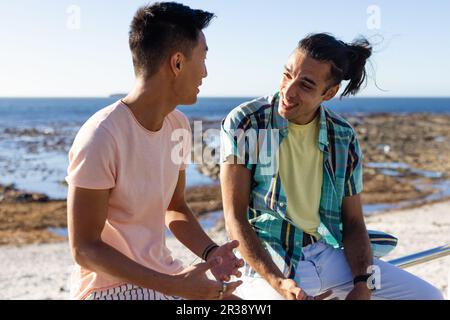 Glückliches, birassisches, schwules Paar, das auf der Promenade am Meer spricht Stockfoto