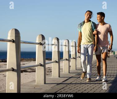 Fröhliches, birassisches, schwules Paar, das Arm in Arm auf der Promenade am Meer läuft, Kopierraum Stockfoto