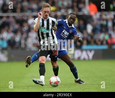 Sean Longstaff von Newcastle United in Aktion mit Boubakary Soumare von Leicester City während des Premier League-Spiels zwischen Newcastle United und Leicester City in St. James's Park, Newcastle am Montag, den 22. Mai 2023. (Foto von Mark Fletcher/MI News/NurPhoto) Guthaben: NurPhoto SRL/Alamy Live News Stockfoto