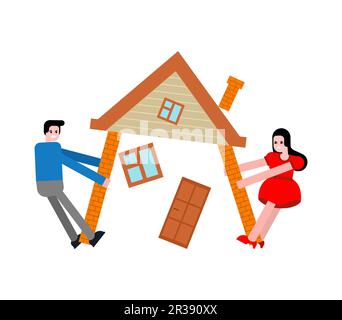 Ein Paar teilt sich nach der Scheidung ein Haus. Mann und Frau ziehen das Haus in verschiedene Richtungen. Konzeptabschnitt des Vermögens nach Familienscheidung Stock Vektor