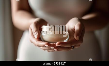 Eine junge Frau hält ein Glas frischer, natürlicher Hautpflegecreme Stockfoto