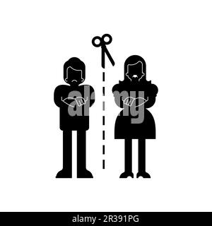 Scheidung Familienunterschrift. Eine Schere hat ein verheiratetes Paar geschnitten. Konzept des Endes von Liebesbeziehungen Stock Vektor