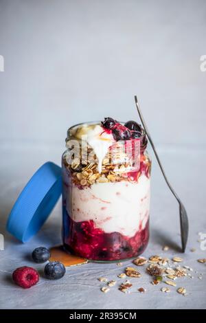 Joghurt mit Müsli und Obstkompott Stockfoto