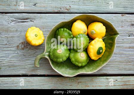 Grüner und gelber Pantypan-Kürbis Stockfoto