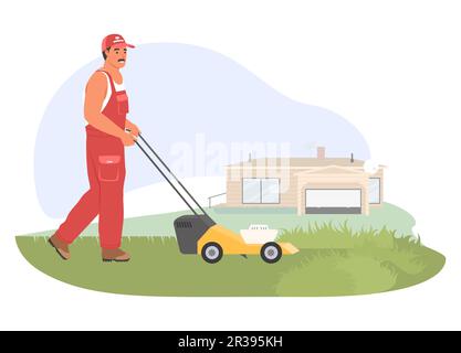 Männlicher Landwirt, der Gras mäht, mit Vektordarstellung des Rasenmähers Stock Vektor