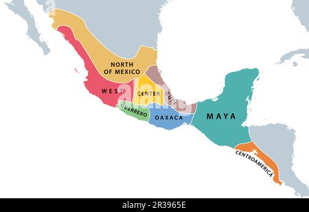 Mesoamerica und seine Kulturgebiete. Historische Region vom südlichen Teil Nordamerikas bis zum Großteil Mittelamerikas. Stockfoto