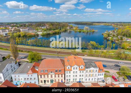 Blick von der Marienkirche auf die Landstadt Waren, Mueritz, Mecklemburgische Seenplatte, Mecklenburg-Vorpommern, Ostdeutschland, Europa Stockfoto