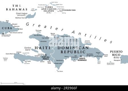 Hispaniola und Umgebung, graue politische Karte. Karibikinsel unterteilt in Haiti und die Dominikanische Republik, Teil der Großen Antillen, neben Kuba. Stockfoto