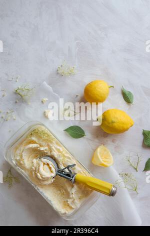 Zitronen- und Holunderblüteneis mit einer Eislöffel Stockfoto