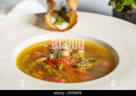 Gemüsesuppe mit Spargel, Pilzen und rosa Gnocchi (Rote Bete) auf einem weißen Teller. Toastvariationen auf dem Teller. Vegetarisches Essen. Stockfoto