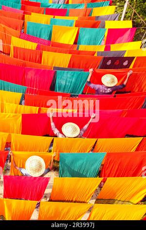 Narayanganj, Dhaka, Bangladesch. 23. Mai 2023, Narayanganj, Dhaka, Bangladesch: Arbeiter hängen Hunderte von farbigen Stoffblättern auf ein Bambusgerüst, um sie in einer Färbefabrik in Narayanganj, Bangladesch, zu trocknen. Der Trocknungsvorgang dauert in der Regel 4 Stunden, wobei jeder Satz aus jeweils 200 Teilen besteht, um bei Temperaturen über 42 °C zu trocknen. Arbeiter verwenden Hüte zum Schutz vor der brennenden Hitze, da sie die bunten Stoffe ständig drehen müssen, damit sie im Sonnenlicht perfekt trocknen. Kredit: ZUMA Press, Inc./Alamy Live News Stockfoto