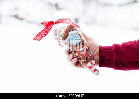 Große Paket von Weihnachten Lebkuchen Cookies in der Hand Stockfoto