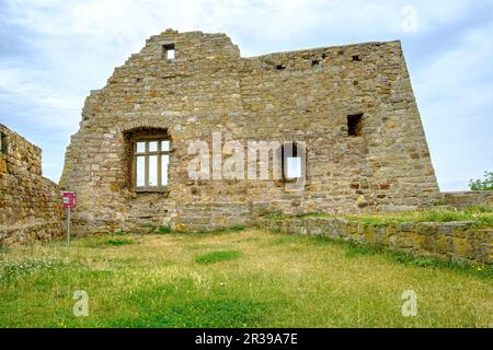 Überreste von Burgmauern mit Fenster, Schloss Mühlburg, eine der sogenannten drei Gleichen Burgen in Mühlberg, Thüringen, Deutschland. Stockfoto