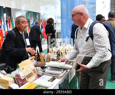 (230523) -- ROM, 23. Mai 2023 (Xinhua) -- Ein Vertreter des Shexian Dryland Stone Terraced System in der chinesischen Provinz Hebei kommuniziert mit einem Teilnehmer am Sitz der Ernährungs- und Landwirtschaftsorganisation der Vereinten Nationen (FAO) in Rom, Italien, 22. Mai 2023. Die FAO verlieh am Montag in ihrem Hauptsitz an 24 neue GIAHS-Standorte (Global Important Agricultural Heritage Systems) Zertifikate. Die 24 von der FAO seit der letzten Zeremonie im Jahr 2018 benannten Gebiete befinden sich in 12 Ländern, darunter China, Spanien, Ecuador, Iran, Italien, Japan, Südkorea und Marokko. UM WI ZU GEHEN Stockfoto