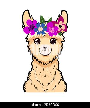 Lama-Alpaka mit Sommerblumen kritzelt Ikone. Stock Vektor