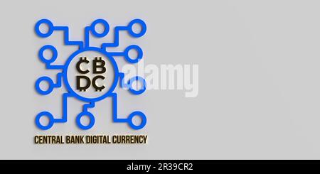 Bannerhintergrund der CBDC Central Bank für digitale Währung, Kopierbereich. Futuristisches fiat Money-Symbol verschiedener Länder. 3D Darstellungsentwurf rendern Stockfoto