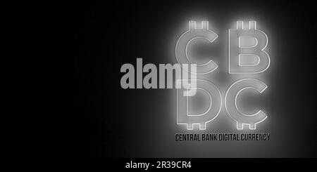 Banner für digitale Währung der CBDC Central Bank auf blauem Hintergrund. Futuristisches fiat Money-Symbol verschiedener Länder. Entwurf von 3D-Darstellungen. Stockfoto