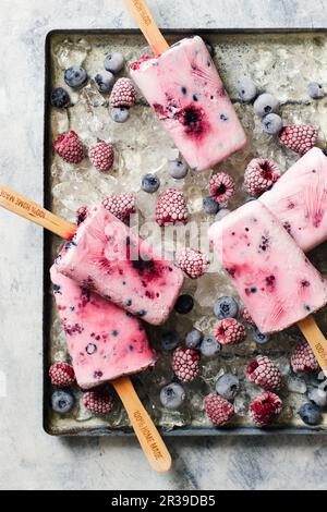 Hausgemachte Eiswürfel aus Joghurt, Honig und Beeren, Himbeeren und Heidelbeeren auf Eis Stockfoto