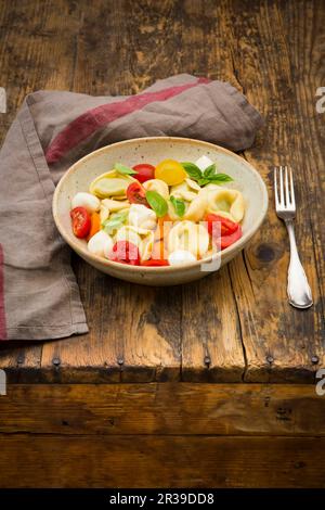 Tortellini-Salat mit Tomaten, Mozzarella und Basilikum Stockfoto