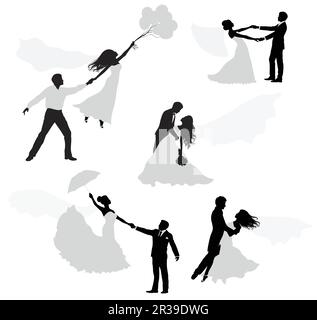 Romantische Silhouetten für Hochzeiten. Isoliert auf weiß. Stock Vektor