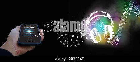 Text into Melody: Text-to-Music-Konzept mit Generative AI- und Language Audio-Modellen. Durch die künstliche Intelligenz übersetzt ein Smartphone Text int Stockfoto