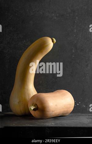 Zwei Squash auf einer schwarzen Oberfläche Stockfoto