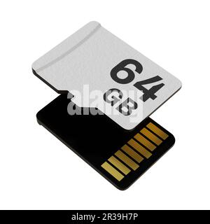 Speicherkarte mit 64 GB Speicherkapazität, microSD-Flash-Speicher isoliert auf weißem Hintergrund. 3D Abbildung Stockfoto