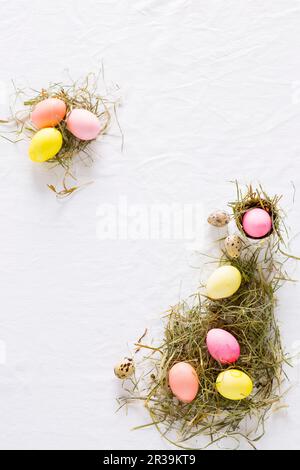 Ein Osternest mit farbigen Hühnereiern und Wachteleiern Stockfoto