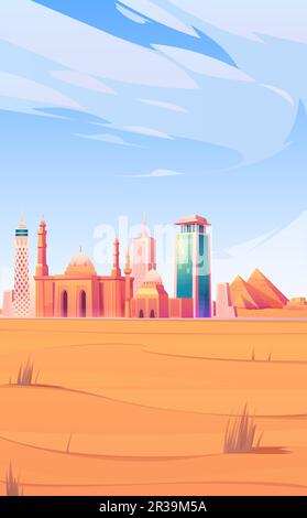 Ägyptische Wahrzeichen, die Skyline von Kairo, Handyhintergrund oder Bildschirmschoner mit weltberühmten Pyramiden, fernsehturm, Moschee in der Wüste, Architektur der Touristenattraktion, Cartoon-Vektorgrafik Stock Vektor