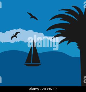 Vektorbanner mit Palmen, Segelboot und Möwen auf dunkelblauem Hintergrund. Sommerposter, Flyer, Einladung, Etikett, Karte mit dem Stock Vektor
